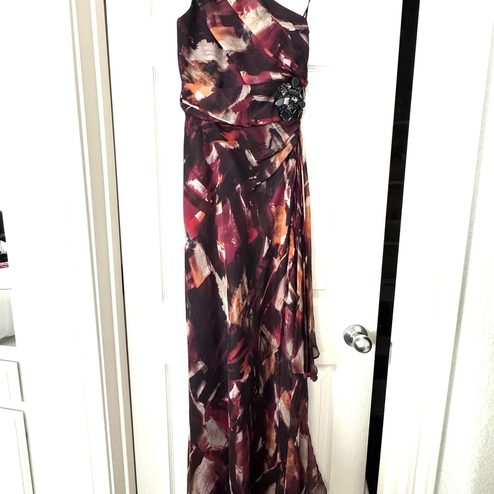 ABS Allen Schwartz Red and Black Ruched One Shoulder Gown